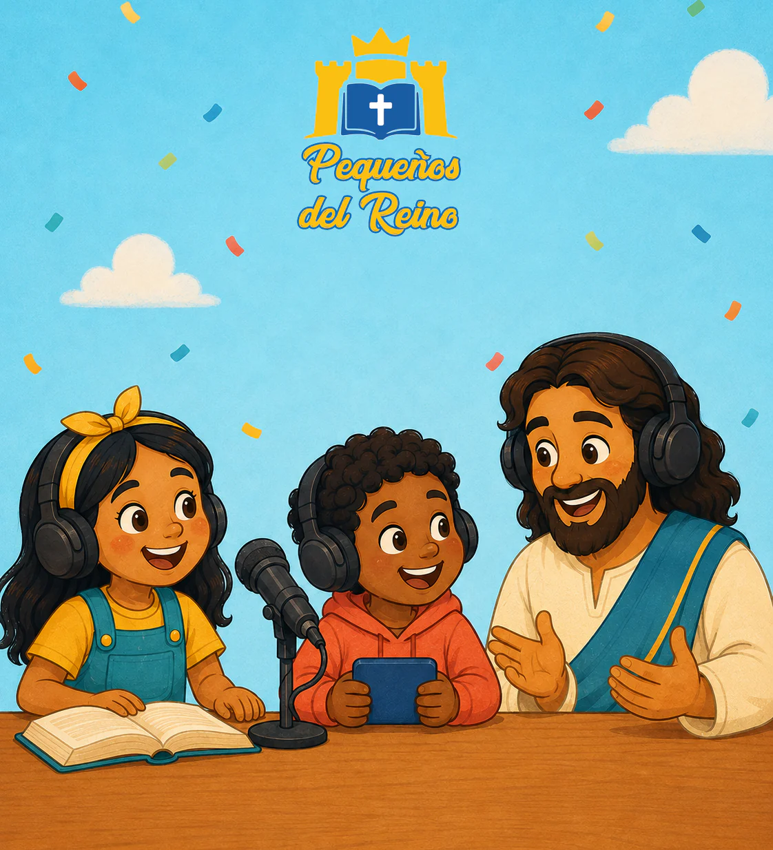 Lía y Samuel comparten un momento alegre de pódcast con Jesús